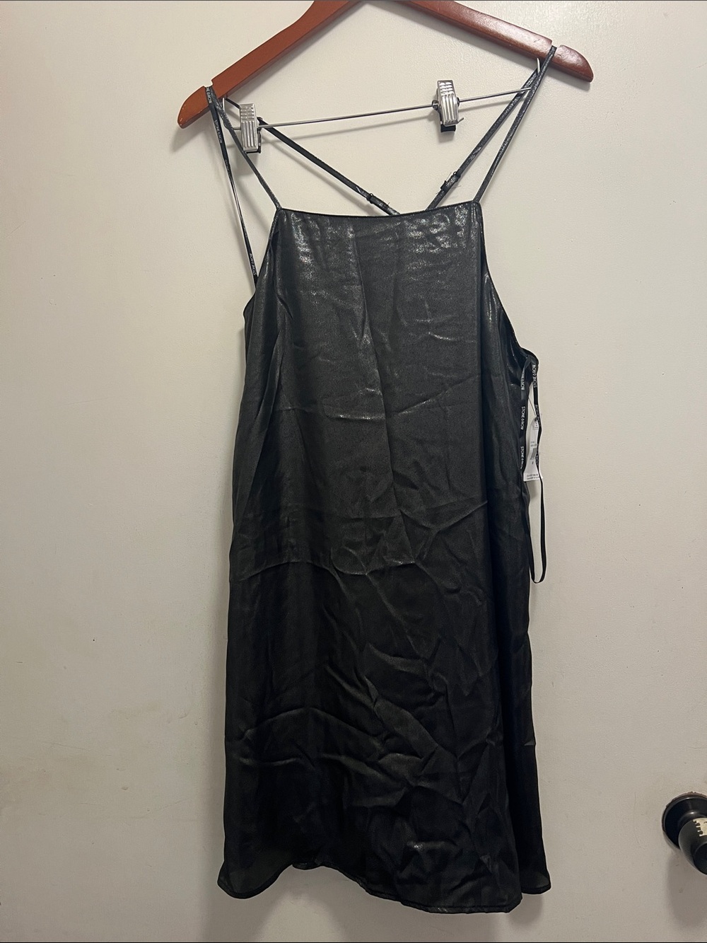 Black Satin Mini Slip Dress with Strappy Back Detail